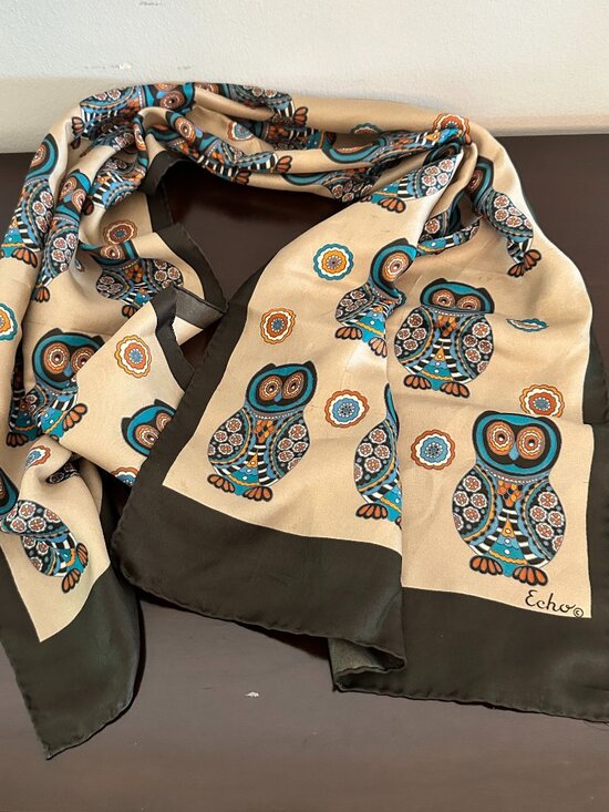 Echo Accessories - Vintage Echo Scarf Owls 100% Silk 15" x 44" Brown Tan